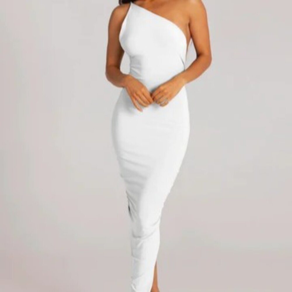 Melani The Label Off White Size M One Shoulder Ruched Low V-Back Bodycon Dress